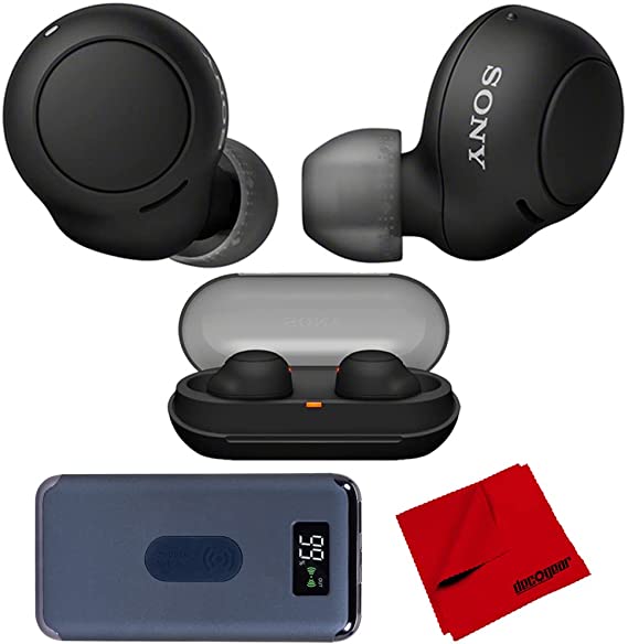 Sony WFC500/B Truly Wireless in-Ear Headphones, Water Resistant, Black Bundle with Deco Gear 8000mAh Power Bank with Wireless Device Charging and Deco Gear Microfiber Cleaning Cloth