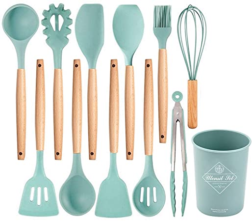Kitchen Utensil Set, Silicone Cooking Utensils 12 Pcs Kitchen Tools with Natural Wooden Handles for Home Household Apartment Essentials Nonstick Cookware Tongs Spatula Spoon Set (Green)