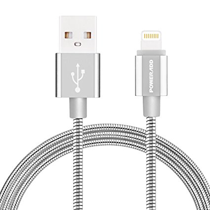 [Apple MFi Certified] 8-Pin Lightning to USB Cable (3.3Feet 1Meter), Poweradd Metal USB Charging Cable, Sync and Charge Cord for iPhone 7/7Plus/6/6Plus/6S/6S Plus/5/5S/5C/SE, iPad, iPod(Silver)