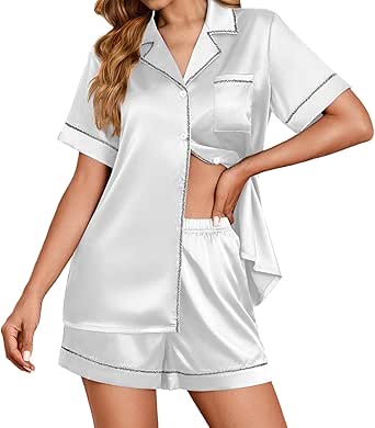 Ekouaer Womens Satin Pajamas Set Short Sleeve Sleepwear Button Down Top and Shorts Loungewear 2 Piece Pjs Set S-XXL