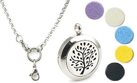 Essential Oil Diffuser Pendant Jewelry, 316L Stainless Steel Aromatherapy Locket   Five Pads   Rolo Chain (Tree of Life #2)