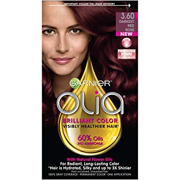 Garnier Olia Amonia-Free Brilliant Color Oil-Rich Permanent Hair Color, 3.60 Darkest Red Rose (1 Kit) Red Hair Dye (Packaging May Vary)