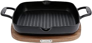 All-Clad Cast Iron Enameled Square Grill with Acacia Trivet 11 Inch Induction Oven Broiler Safe 650F Pots and Pans, Cookware Black