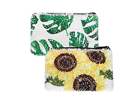 Cute Flip Sequin Pencil Pouch Small Makeup Organizer Bag Purse (Sunflower/Leaf)