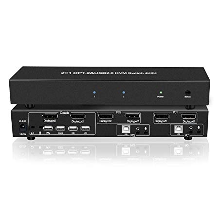 E-SDS 2 Port Displayport KVM Switch Dual Monitor with Audio and Microphone, USB 2.0 Hub, 4k DP KVM Switch