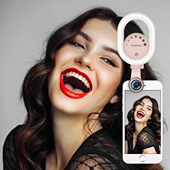 Selfie Light with 120° Wide Angle Lens, Evershop Clip-on Rechargeable LED Ring Light for iPhone 8/ 7/ 7 Plus/ 6S/ 6S Plus/ 5S/ SE, Samsung, Huawei and all Smartphones/ Tablets (Pink)