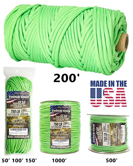 TOUGH-GRID 750lb Paracord / Parachute Cord - Genuine Mil Spec Type IV 750lb Paracord Used by the US Military (MIl-C-5040-H) - 100% Nylon - Made In The USA.