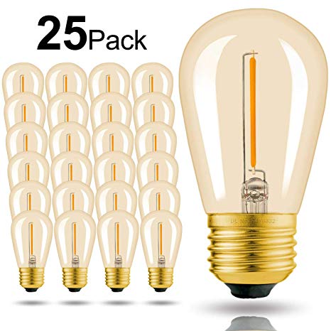 Hizashi - 25 Pack - 1W S14 LED Light Bulbs, Dimmable LED Edison Bulb E26, Equal to 11W Incandescent Bulbs, 2600K Warm White Filament Replacement Bulbs Amber Glass for Outdoor String Lights, UL Listed