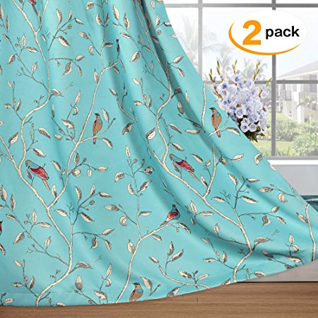 H.Versailtex Thermal Insulated Blackout Window Room Grommet Curtain Drapes-52 inch Width by 63 inch Length-Set of 2 Panels-Turquoise Blue Birds Pattern