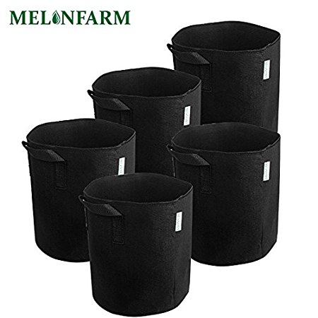 MELONFARM 5-Pack 3 Gallon Grow Plant Bags Thickened Non-woven Smart Aeration Fabric Pots Potato Flower Hydroponics Pot Containers With Handles Extremely Durable (Black)