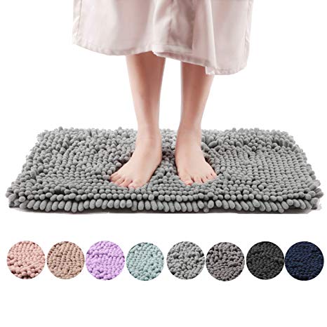 Freshmint Chenille Bath Rugs Extra Soft Fluffy and Absorbent Microfiber Shag Rug, Non-Slip Runner Carpet for Tub Bathroom Shower Mat, Machine-Washable Durable Thick Area Rugs (16.5" x 24", Light Gray)