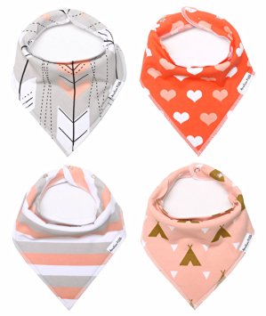 Baby Bandana Drool Bibs for Girls 100% Organic Cotton With Snaps and Back Pocket (4-Pack) by American Kiddo for Drooling and Teething Babies and Toddlers - "Sweetheart" Gift Set