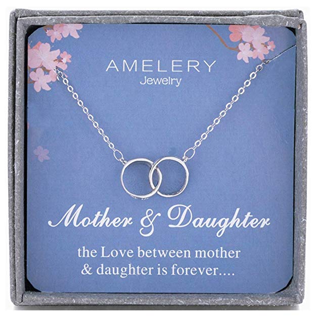 Amelery Mother Daughter Necklace Sterling Silver Two Interlocking Infinity Double 2 Circles CZ Crystal Pendants, Mothers Day Jewelry Birthday Gifts Mom for Women