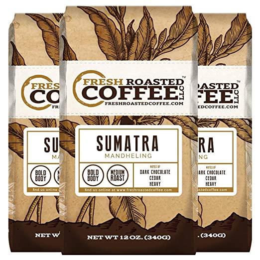 Fresh Roasted Coffee LLC, Sumatra Mandheling Coffee, Medium Roast, Low Acidity, Ground, 12 Ounce Bags, 3 Pack