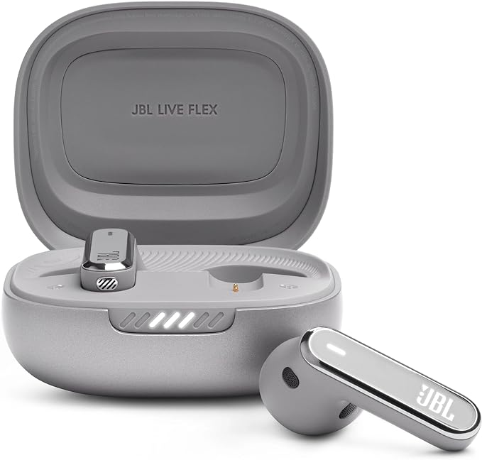 JBL Live Flex Earphones, In Ear Bluetooth Earphones with 40 hours of Battery Life, Noise Cancelling and Water Resistant, in Silver