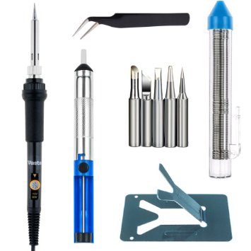 Vastar 60W 110V Adjustable Temperature Black Welding Soldering Iron with 5pcs Different Tips, Desoldering Pump, Stand, Anti-static Tweezers and additional Solder Tube for Variously Repaired Usage