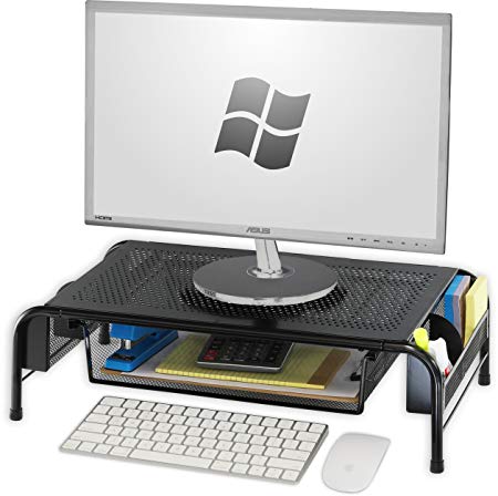 SimpleHouseware Metal Desk Monitor Stand Riser with Organizer Drawer, Black