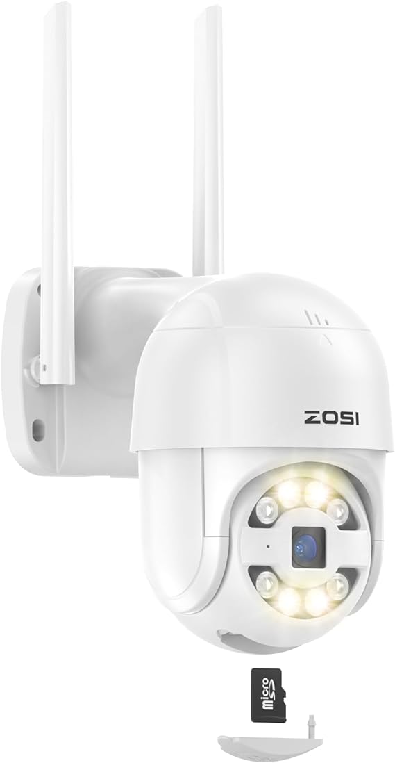 ZOSI C289 3MP Wireless Auto Tracking PT Camera Outdoor, Color Night Vision, 5X Digital Zoom, AI Human Vehicle Detection & Siren Alarm, Floodlights, Pan/Tilt Camera, Cloud Storage(Include 64G SD Card)