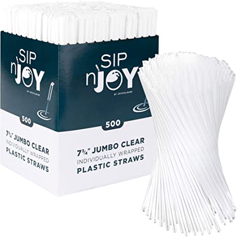 [500-Pack] Individually Wrapped Plastic Straws - 7.75 Inches Long, Clear Drinking Straws with White Paper Wrapping, Standard Size, Bulk Value Pack