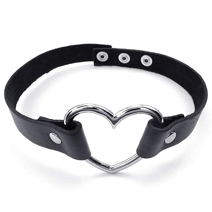 KONOV Womens Leather Choker Necklace, Grils Punk Goth Emo Heart Collar Chain, Black Silver