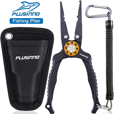 PLUSINNO 8” Fishing Pliers, 6061 Stainless Steel Fishing Tools, Split Ring Pliers Hook Removers, Tungsten Carbide Cutters, Corrosion Resistant Teflon Coating, Saltwater Resistant Fishing Gear