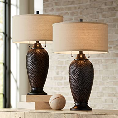 Cody Modern Table Lamps Set of 2 Hammered Oiled Bronze Oatmeal Linen Drum Shade for Living Room Family Bedroom Office - 360 Lighting