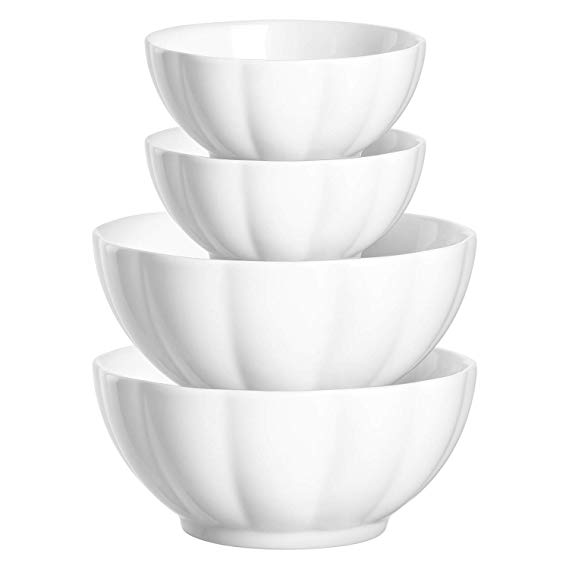 DOWAN Porcelain Serving/Mixing Bowl Set (Diameter: 6"-6"-8"-8"), Flower Shaped Fluted Bowls - Set of 4, White