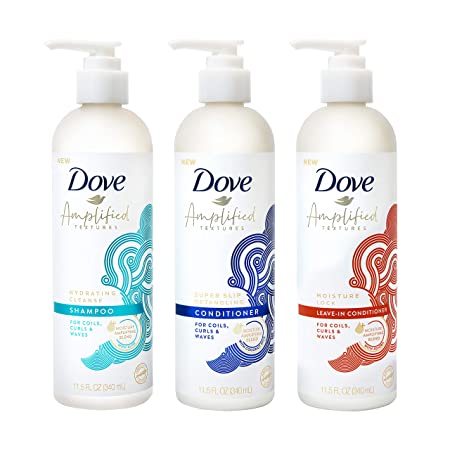 Dove Amplified Textures Shampoo, Conditioner, Leave-In Conditioner for Coils, Curls and Waves with Coconut Milk, Aloe, and Jojoba Moisture Amplifying Blend 11.5 oz 3 Count