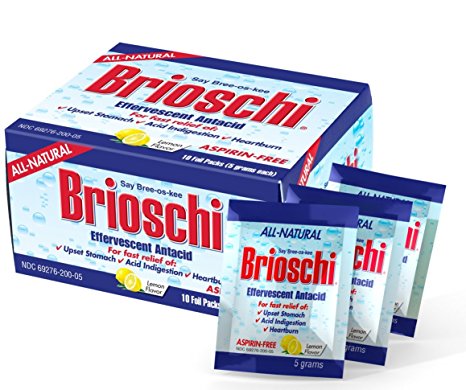 Brioschi Effervescent Antacid Single Serving - Travel Packets Aspirin Free All Natural Fast Relief For Upset Stomach, Acid Indigestion, Heartburn and Bloating, (10 Packets)