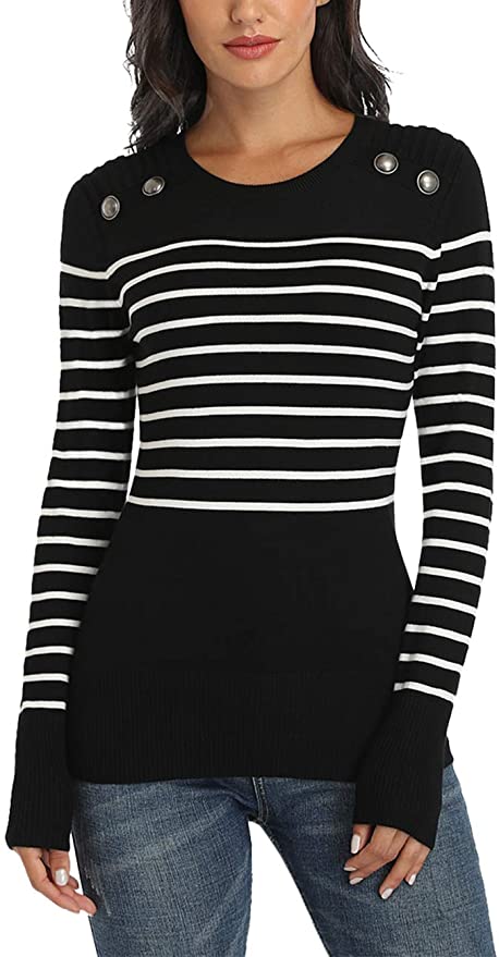 Dilgul Women Crewneck Striped Knit Sweaters Long Sleeves Casual Military Pullover Tops