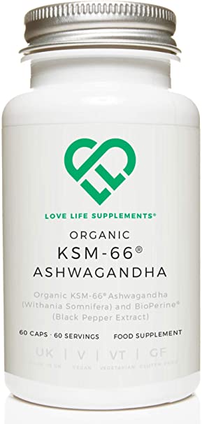 Love Life Supplements Organic Ashwagandha KSM-66 | High Strength 500mg per Capsule | Added Bioperine for Enhanced Absorption | 60 Vegan Capsules | Ayurvedic Withania Somnifera