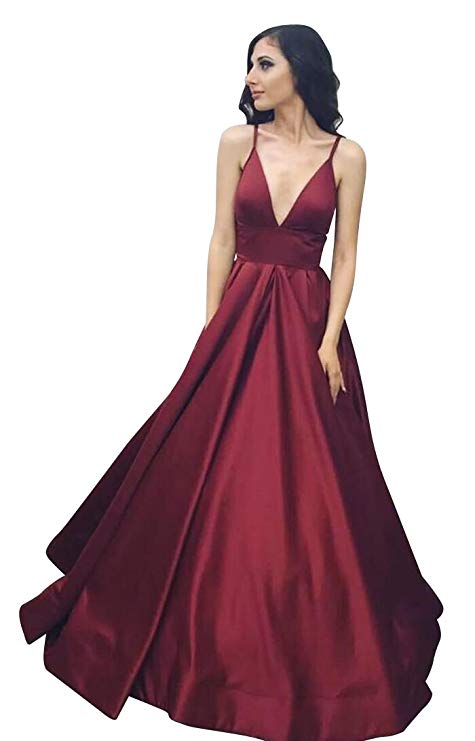 VinBridal Long Spaghetti Straps Satin Ball Gown Prom Dresses with Pockets