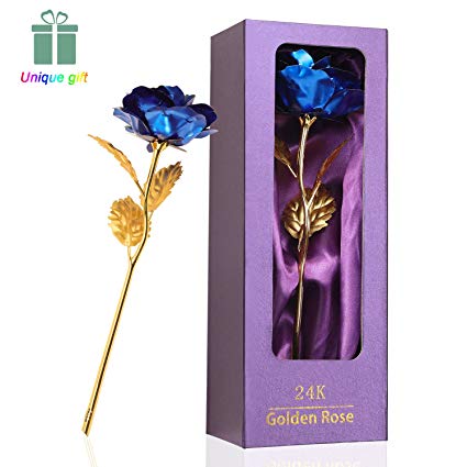 Birthday Gift for Women/Girls, Blue Rose Flower Present 24K Golden Foil with Gift Box Great Gift Idea for Valentine's Day, Mother's Day, Thanksgiving Day, Christmas, Birthday, Anniversary (24K-Blue)