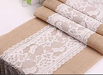 E EVERKING Burlap Lace Hessian Table Runner, Rustic Natural Jute Country Table Decoration Wedding Party Decoration Baby Shower Farmhouse Decor 12X108 Inch (E-1)