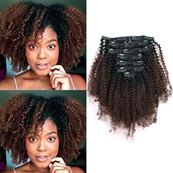Sassina Afro Kinky Curly Clip In Human Hair Extensions For Black Women Ombre Two Tone 1B Off Black Fading into Light Chocolate Brown 120 Grams 7 Pieces/Set With 17 Clips AC 1BT4# 12 Inch