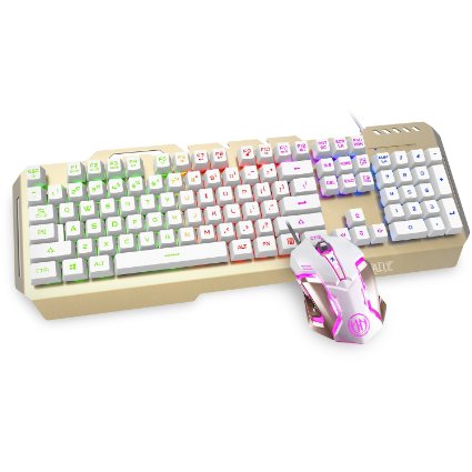 HIRALIY X11 Metal Base Rainbow Wired Backlit Membrane Gaming Keyboard and Gaming Mouse Combo Set (White)