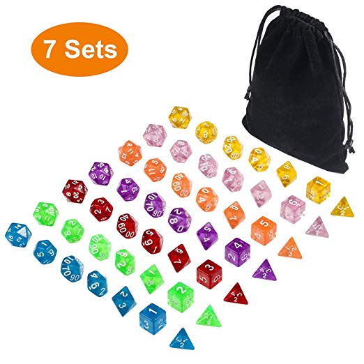 Translucent Polyhedral dice Sets d&d of 49 Pieces, DNDND 7 Sets7-Die Polyhedral Dice Sets with Black Drawstring Bag for Dungeons Dragons Pathfinder D&D RPG (D4, D6, D8, D10, D12, D20 and D%)