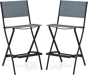 COSTWAY Outdoor Patio Bar Chair Set of 2, Folding Bar Height Stool with Metal Frame & Footrest, Patio Bar Stool for Balcony, Garden & Poolside (2, Blue)