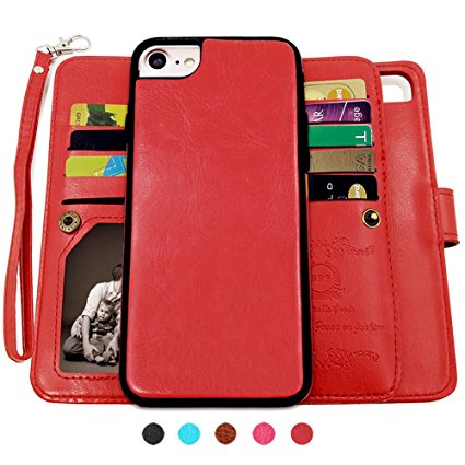 iPhone 7 Cases,Magnetic Detachable Lanyard Wallet Case with [9 Card Slots ID Window][Kickstand] for iPhone 7-4.7 inch, CASEOWL 2 in 1 Folio Flip Premium Leather Removable TPU Case(Red)