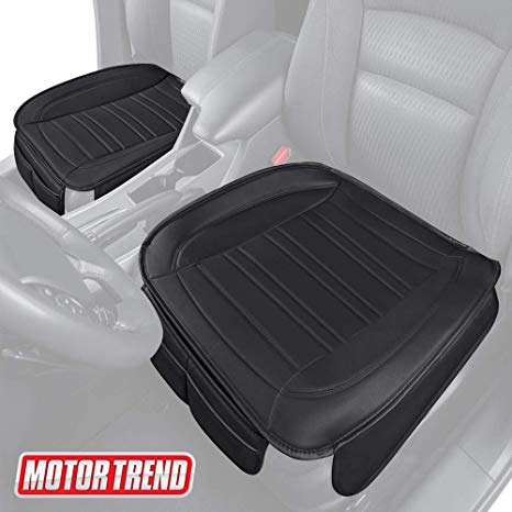 Motor Trend MTSC-420 Universal Car Seat Cushion (Front, 2-Pack) – Padded Luxury Cover with Non-Slip Bottom & Storage Pockets – Black Faux Leather Chair Protector for Auto, Truck & SUV