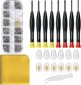 Eyeglass Repair Kit with Glasses Screws - Contains Magnetic Precision Screwdriver kit and Nose Pads, Cleaning Cloth, Tweezers, Complete Glasses Repair Kit