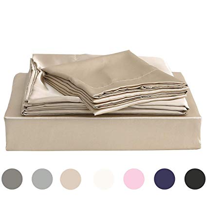 Homiest Queen Sheet Set Taupe Satin Bedding Sheets Set, 4pc Queen Bed Sheet Set with Deep Pockets Fitted Sheet