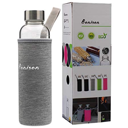 BONISON Stylish Top-Quality Environmental Borosilicate Glass Water Bottle with Colorful Nylon Sleeve