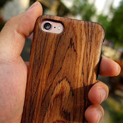 iPhone 7 Wood Case, NeWisdom Unique Slim Hybrid Rubberized Cover [Wood over Rubber] Soft Real Wood Cover for Apple iPhone7 - Sandalwood