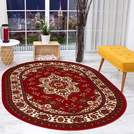 Antep Rugs Alfombras Oriental Traditional 5x7 Non-Skid (Non-Slip) Low Profile Pile Rubber Backing Indoor Area Rugs (Maroon, 5' x 7' Oval)