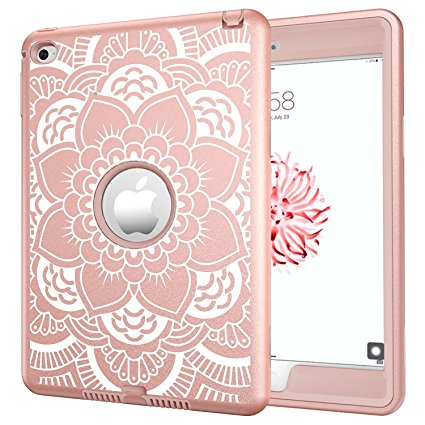 iPad mini 4 Case, Hocase Rugged Hybrid Double Layer Shockproof Protective Hard Rubber Case for Apple iPad mini 4 Retina - Rose Gold Flower