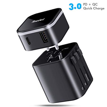 Universal Travel Power Adapter, Amzdest Detachable Travel Adapter with Type-C PD/QC 3.0 Port, 110V-220V Worldwide International Power Adapter Fast Charge, Over 160 Countries for US/UK/EU/AUS