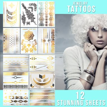 Flash Tattoos, 12 MASSIVE SHEETS, 80  Long Lasting Shimmer Metallic Temporary Tattoos That Make You Look Stunning By Marbeian, Non-Toxic & Waterproof, Gold, Silver & Black Jewelry, Get Your's Today!