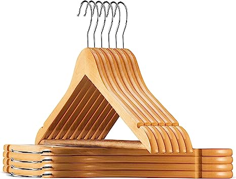 High-Grade Wooden Suit Hangers with Non Slip Pants Bar Smooth Finish Solid Wood Coat Hanger 360° Swivel Hook Precisely Cut Notches for Camisole, Jacket, Pant, Dress Clothes Hangers - 10 Pack, Natural