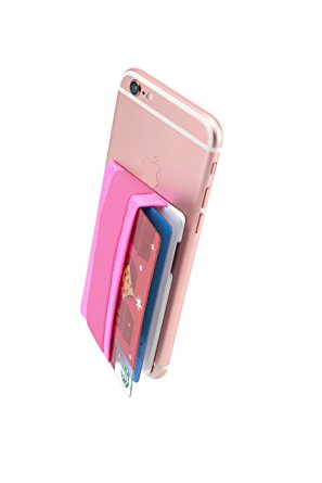 Phone Grip with Card Holder, Sinjimoru Phone Strap with Card Holder Wallet, Finger Holder on Stick-On Wallet for iPhone and Android Smartphones. Sinji Pouch Band, Pink Pouch and Pink Band.